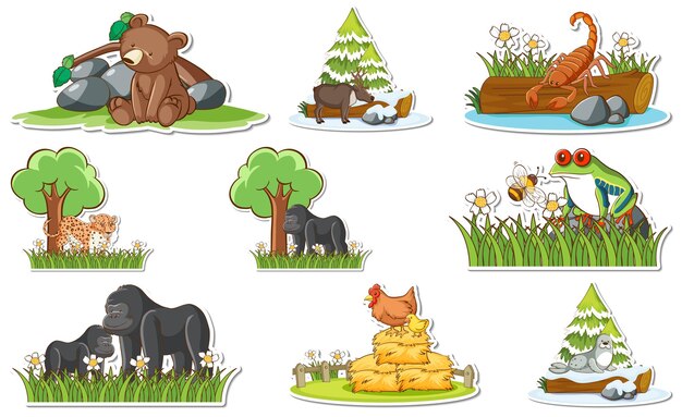 Sticker set with different wild animals and nature elements