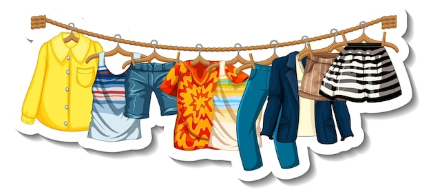 A sticker template of Clothes racks with many clothes on hangers on white background