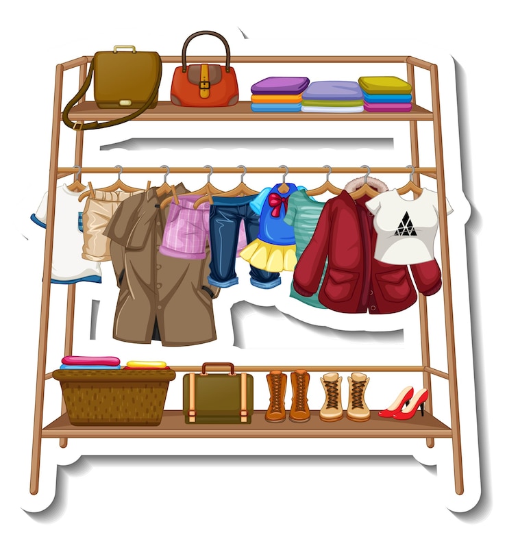 Free Vector a sticker template of clothes racks with many clothes on hangers on white background
