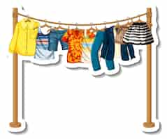 Free vector a sticker template of clothes racks with many clothes on hangers on white background