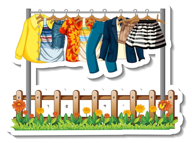 A sticker template of Clothes racks with many clothes on hangers on white background