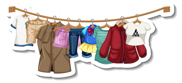 A sticker template of clothes racks with many clothes on hangers on white background