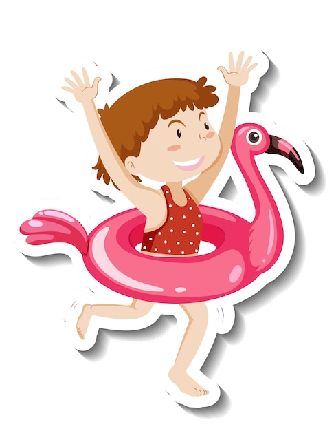Шаблон стикера девушки с плавательным кольцом фламинго