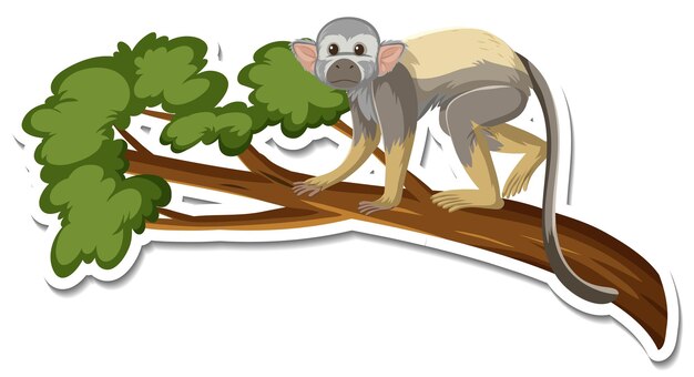 나뭇가지에 원숭이 만화 캐릭터의 스티커 템플릿
