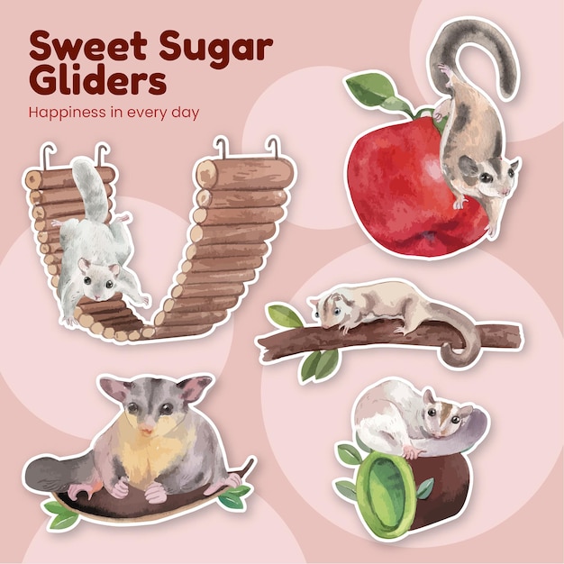 Free vector sticker template with adorble sugar gliders concept,watercolor style
