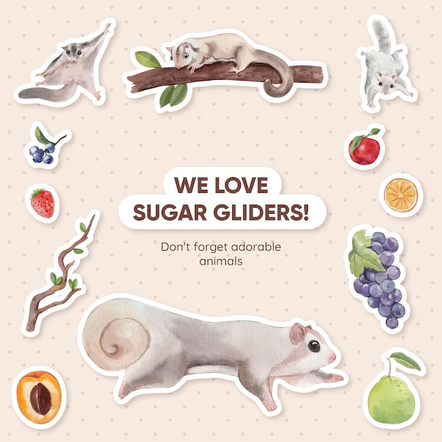 Free vector sticker template with adorble sugar gliders concept,watercolor style