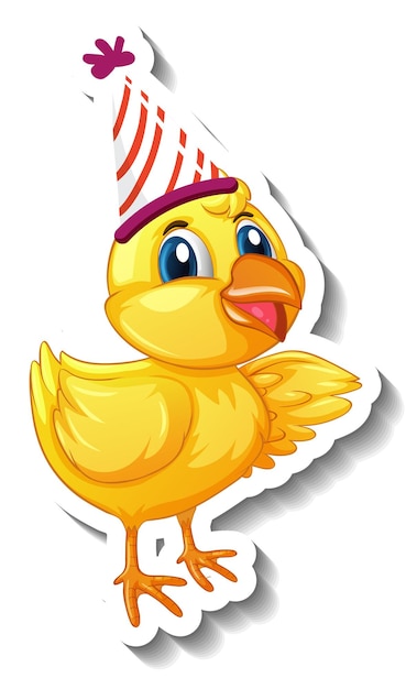 A sticker template with a baby chicken wearing party hat cartoon character