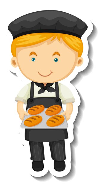 Sticker template with a baker boy holds baked tray isolated