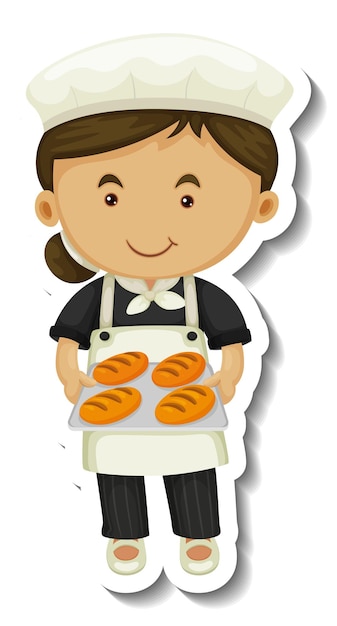 Sticker template with a baker girl holds baked tray isolated