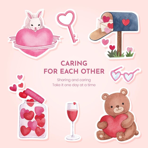 Sticker template with big love hug valentines day concept,watercolor style