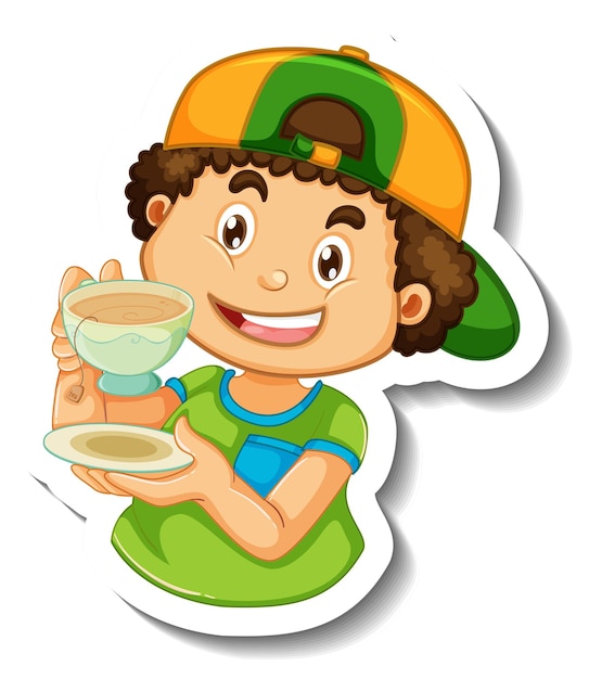 Sticker template with a boy cartoon character isolated