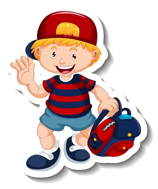 Sticker template with a boy cartoon character isolated