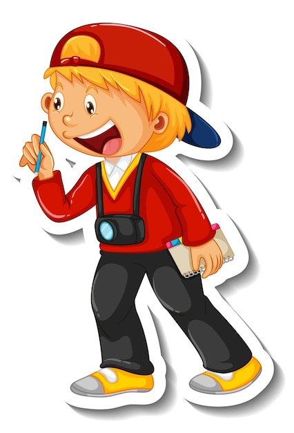 Sticker template with a boy cartoon character isolated