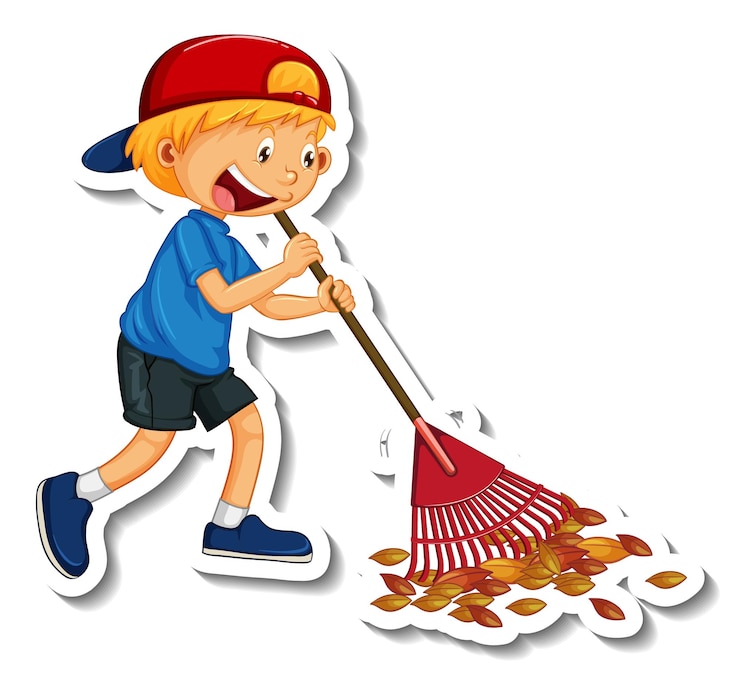 मुफ़्त वेक्टर sticker template with a boy cleaning cartoon character isolated