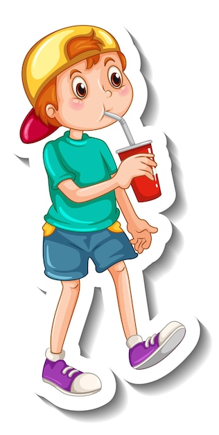 Free vector sticker template with a boy eating junk food isolated