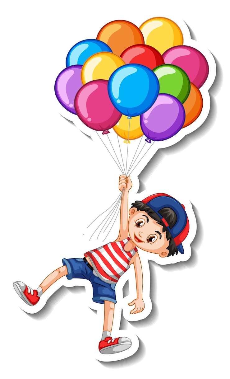 मुफ़्त वेक्टर sticker template with a boy flying with many balloons isolated