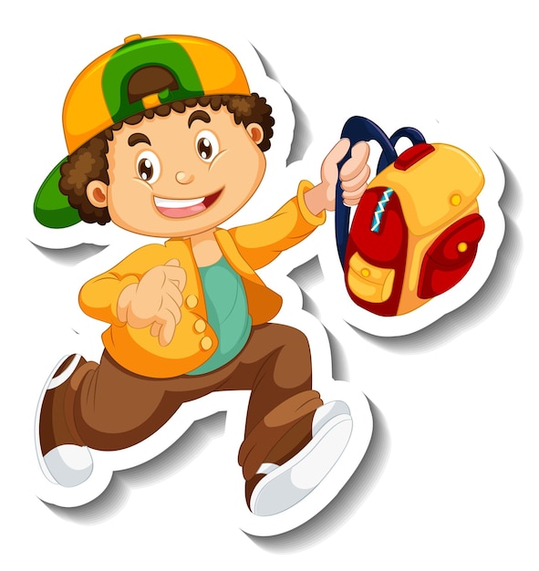 Sticker template with a boy holding backpack isolated