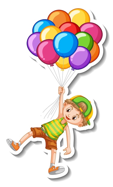 Free vector sticker template with a boy holding many balloons isolated