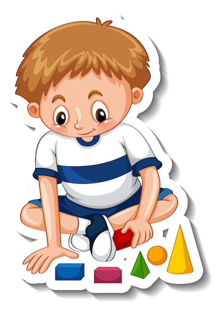 Free vector sticker template with a boy playing with his toys isolated