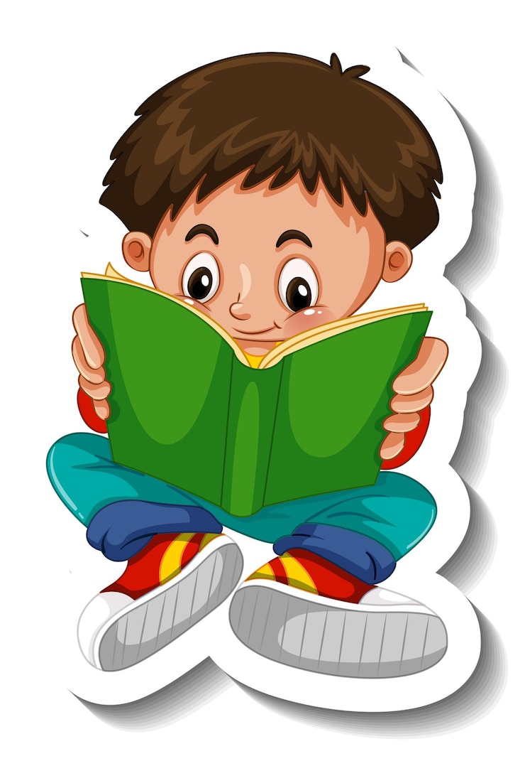 मुफ़्त वेक्टर sticker template with a boy reading a book cartoon character isolated