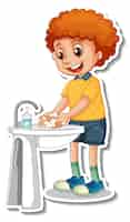 Free vector a sticker template with a boy washing hands