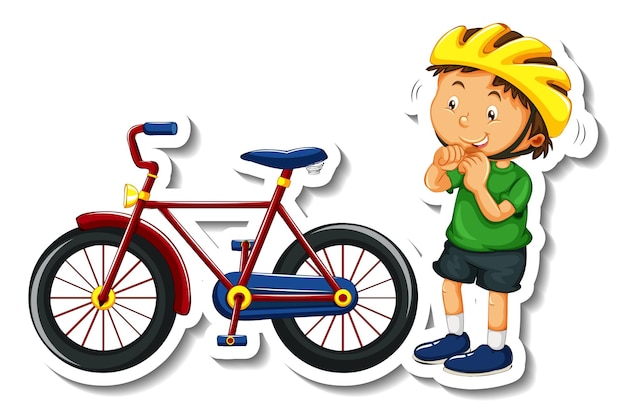 Sticker template with a boy wears helmet and bicycle isolated