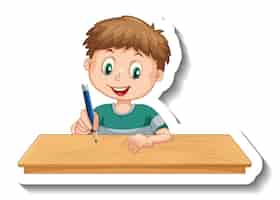 Free vector sticker template with a boy writing on the table isolated