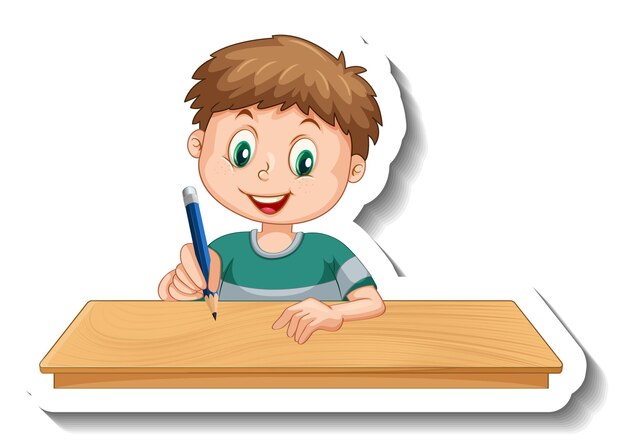 Sticker template with a boy writing on the table isolated