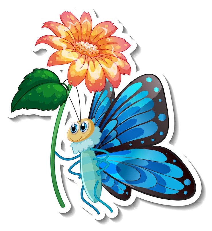 मुफ़्त वेक्टर sticker template with cartoon character of a butterfly holding a flower isolated