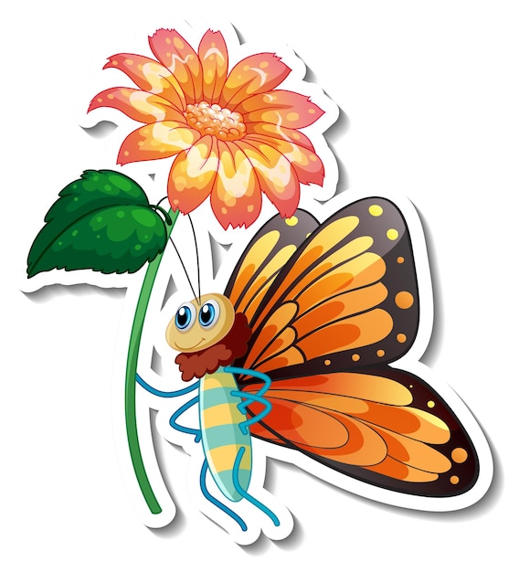 Шаблон стикера с мультипликационным персонажем бабочки, держащей изолированный цветок