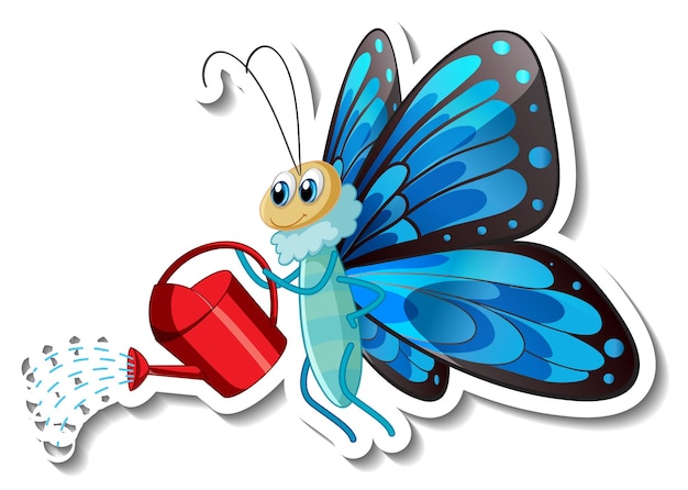 Sticker template with cartoon character of a butterfly holding a watering pot isolated
