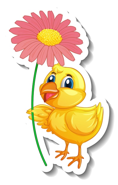 Sticker template with cartoon character of a chick holding a flower isolated