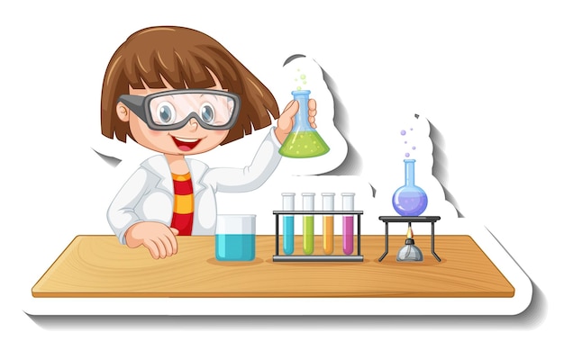 Шаблон стикера с мультипликационным персонажем студента, проводящего химический эксперимент