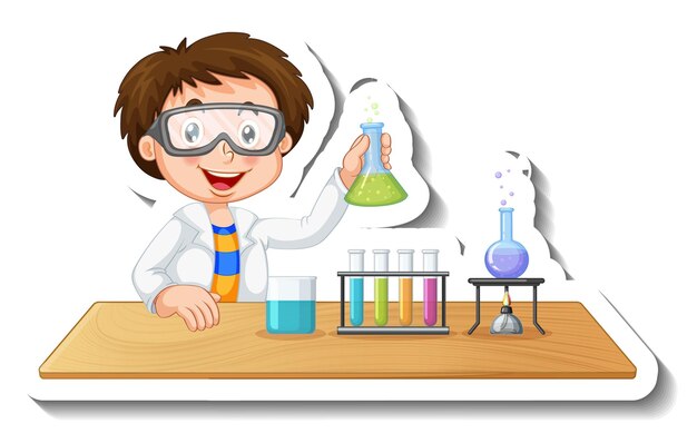 Шаблон стикера с мультипликационным персонажем студента, проводящего химический эксперимент