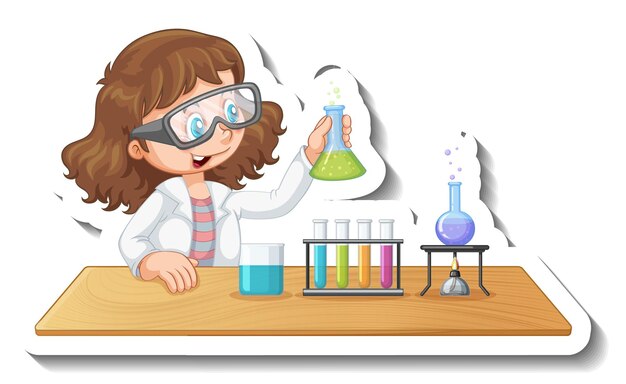 化学実験をしている学生の漫画のキャラクターとステッカーテンプレート