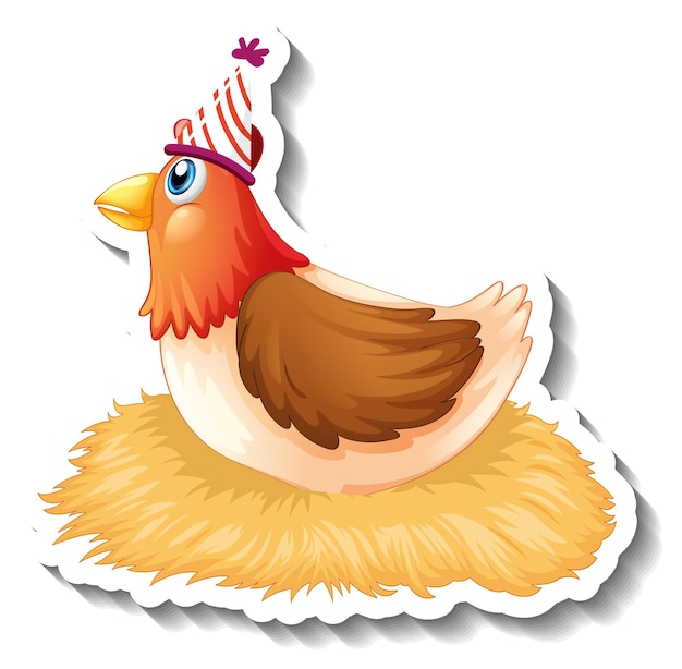パーティーハットの漫画のキャラクターを身に着けている鶏のステッカーテンプレート