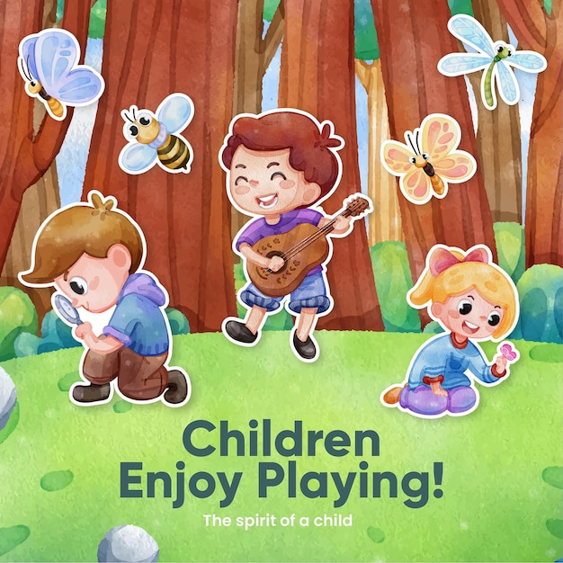 Free vector sticker template with children enjoy in springwatercolor stylexa