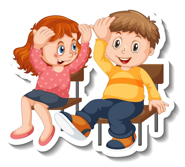 Free vector sticker template with couple of kids students cartoon character isolated