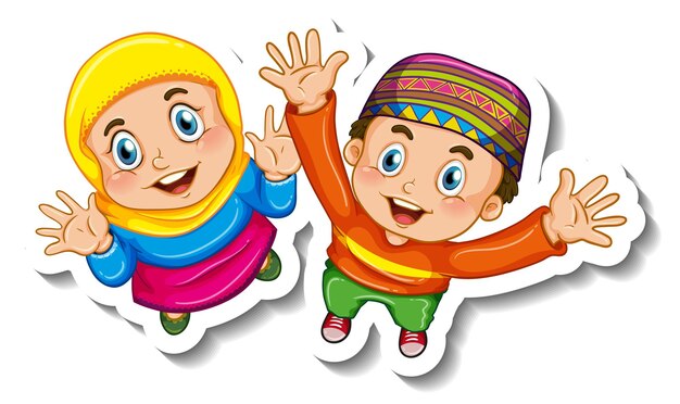 Шаблон наклейки с парой мусульманских детей мультипликационный персонаж изолированы