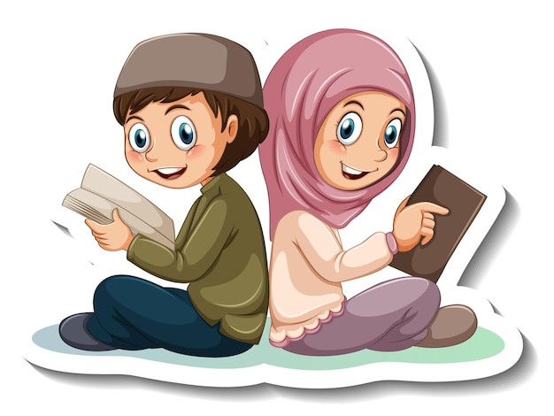 分離されたイスラム教徒の子供たちの漫画のキャラクターのカップルとステッカーテンプレート