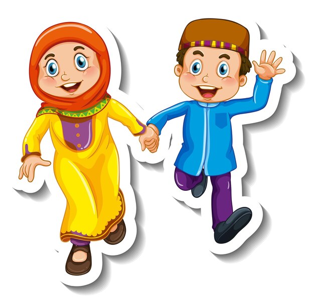 Sticker template with couple of muslim kids cartoon character isolated