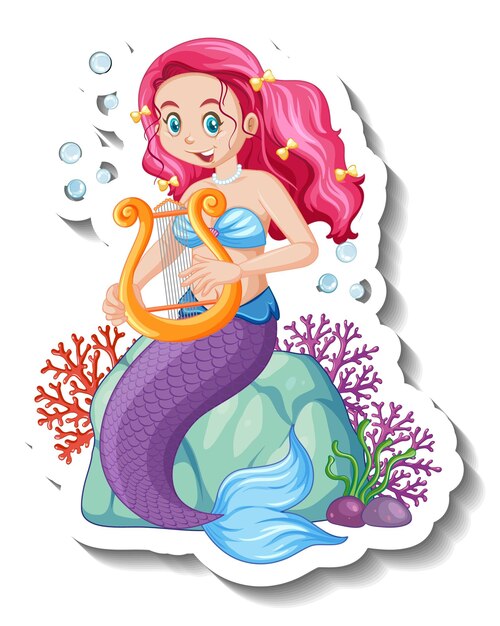 A sticker template with cute mermaid cartoon character