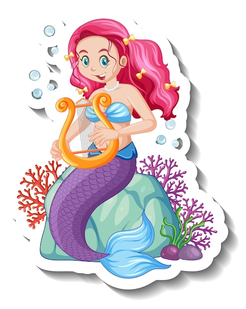 A sticker template with cute mermaid cartoon character