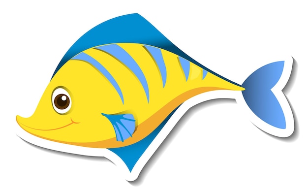 Sticker template with cute yellow fish cartoon character isolated