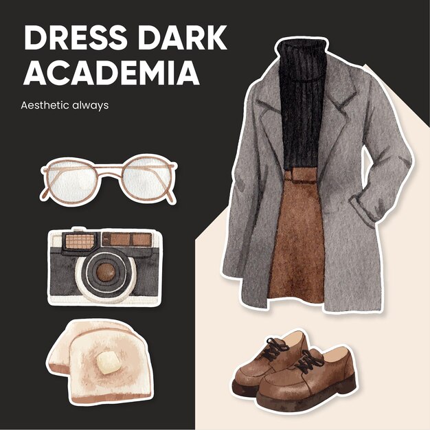 Free vector sticker template with dark academia outfit conceptwatercolor