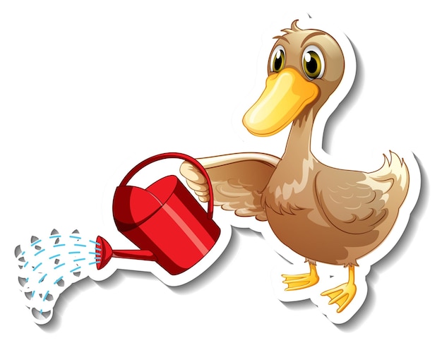 Free vector sticker template with a duck holding watering can cartoon character isolated