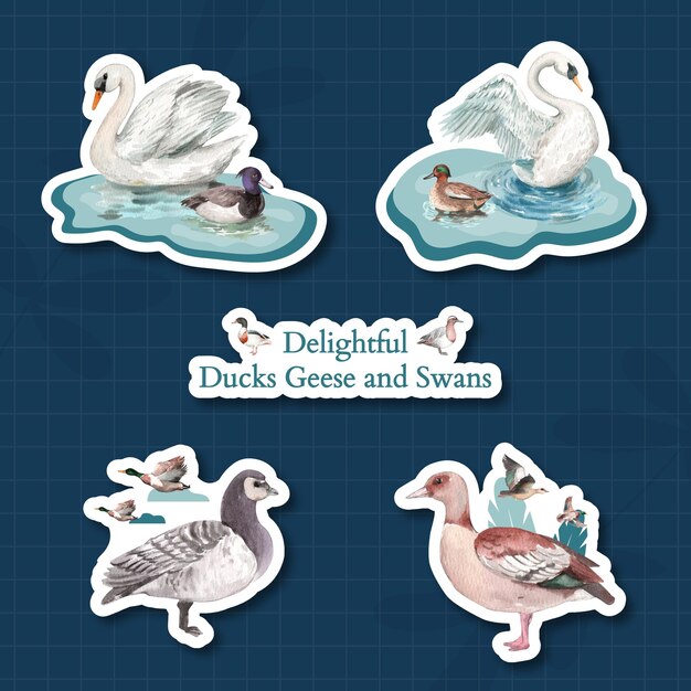 Sticker template with duck and swan in watercolor style