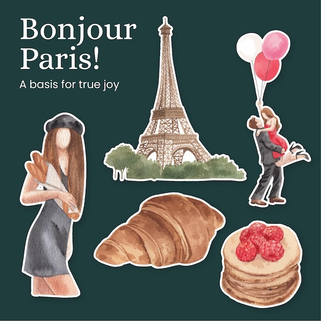 Free vector sticker template with eifel in paris lover conceptwatercolor stylexa