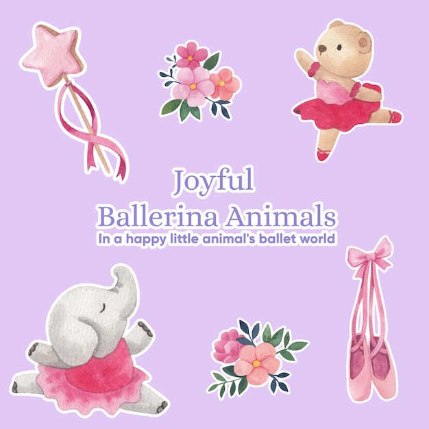 Modello di adesivo con stile acquerello animali ballerine fata