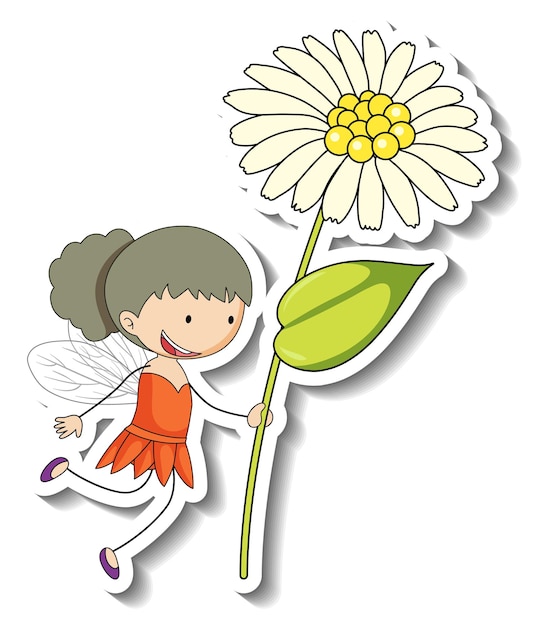 Sticker template with a fairy cartoon character holding a flower isolated